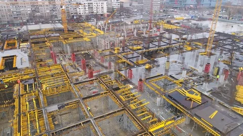Aerial view on huge construction site with heavy equipment and workers. Stock Footage 88792373