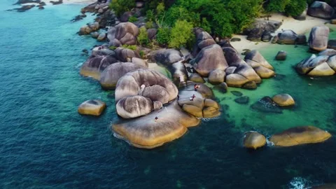 Aerial View of huge granite rocks on Tanjung Kelayang Beach Stock-Footage 291639618