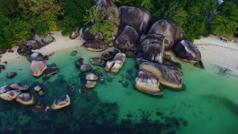 Aerial View of huge granite rocks on Tanjung Kelayang Beach Stock-Footage 291639620
