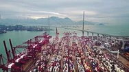 Aerial View Of Huge Industrial Port With Containers. Blurred All Brand Marks Stock Footage