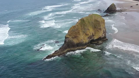 Aerial View of Huge Sea Stack and Beach on Oregon Coast Stock Footage 172442001