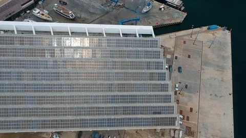 Aerial view of huge solar panel near the seaport. view from above Stock-Footage 116203966