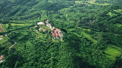 Aerial view of Hum, one of the smallest town in the world on hilltop, Croatia. Stock Footage 260421569