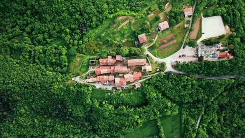 Aerial view of Hum, one of the smallest town in the world on hilltop, Croatia. Stock Footage 260422304