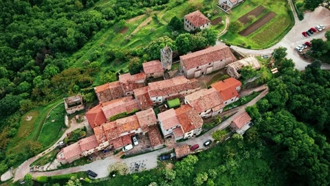 Aerial view of Hum, one of the smallest town in the world on hilltop, Croatia. Stock Footage 260422418
