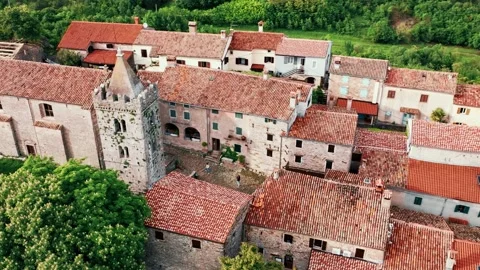 Aerial view of Hum, one of the smallest town in the world on hilltop, Croatia. Stock Footage 260422566