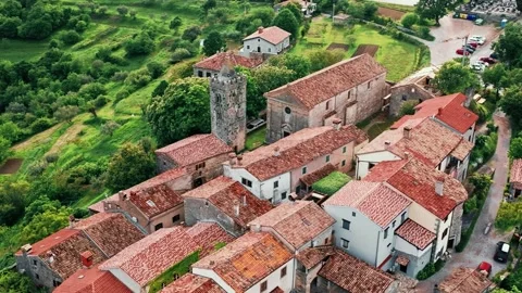 Aerial view of Hum, one of the smallest town in the world on hilltop, Croatia. Stock Footage 260422586
