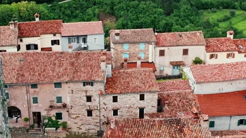 Aerial view of Hum, one of the smallest town in the world on hilltop, Croatia. Stock Footage 260422708