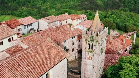 Aerial view of Hum, one of the smallest town in the world on hilltop, Croatia. Stock Footage 260422755