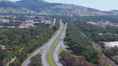 Aerial view of Hume Freeway and rail corridor near Wodonga Victoria Video stock 334923968