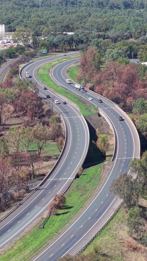 Aerial view of Hume Freeway and rail corridor near Wodonga Victoria Video stock 335002015