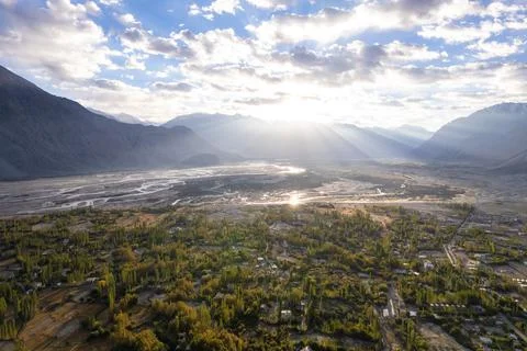 Aerial view of Hunder village in Nubra Valley, Ladakh, India. Stock Photos