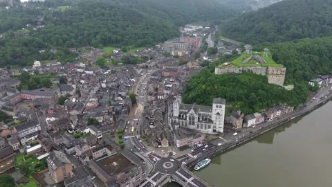 Aerial View Of Huy Citadel River Meuse Collegiate Church Architecture Belgium Stock Footage 343580072