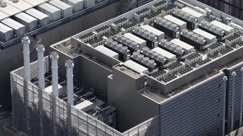 Aerial View of HVAC Cooling Systems on Data Centers in Frankfurt Germany Stock Footage 346952753