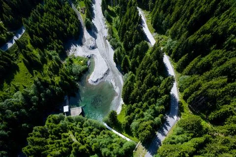 Aerial view of a hydroelectric power plant in the middle of nature Stock Photos