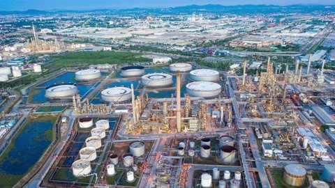 Aerial view hyper lapse 4k video of oil refinery terminal is industrial facility Video stock 136155319