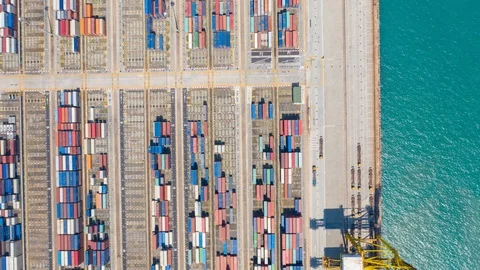 Aerial view hyperlapse 4k video of busiest Asian cargo port with hundreds Stock Footage 113129561