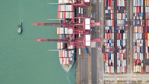 Aerial view hyperlapse 4k video of container cargo ship in export Stock Footage 113135197