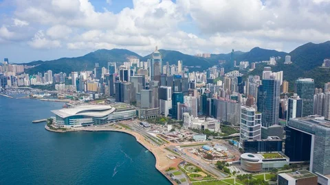 Aerial view hyperlapse 4k video of Victoria Harbour in Hong Kong. Stock Footage 113136783
