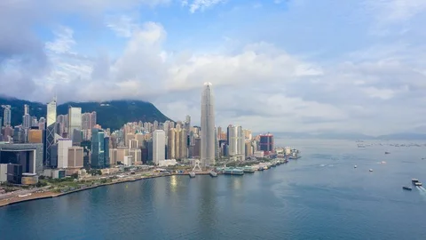 Aerial view hyperlapse 4k video of Victoria Harbour in Hong Kong. Stock Footage 113136838