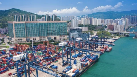 Aerial view hyperlapse 4k video of container cargo ship in export Stock Footage 113138230