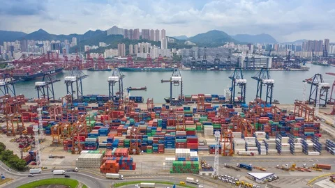 Aerial view hyperlapse 4k video of container cargo ship in export Stock Footage 113138233