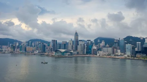 Aerial view hyperlapse 4k video of Victoria Harbour in Hong Kong.  Stock Footage 113263654