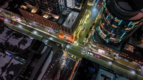 Aerial view Hyperlapse of a night intersection in downtown Halifax, Canada. Stock Footage 266184591