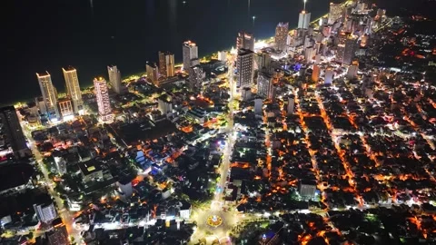 Aerial view hyperlapse timelapse of Nha Trang city at night. Stock Footage 311050918