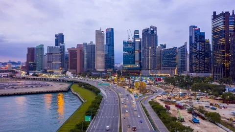 Aerial view Hyperlapse Traffic on the highway road at night in Singapore. Stock Footage 124888959