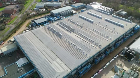 Aerial view of a hyperscale data center facility and cloud computing hub in Stock Footage 335015490