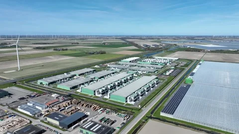Aerial view of a hyperscale data center campus in the Netherlands Stock Footage 337504099