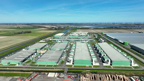 Aerial view of a hyperscale data center campus in the Netherlands Stock Footage 337504942