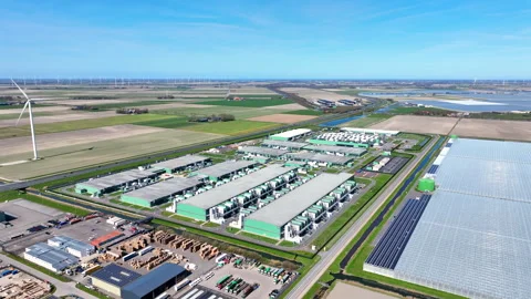 Aerial view of a hyperscale data center campus in the Netherlands Stock Footage 337510766
