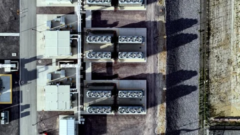 Aerial View of Hyperscale Data Center Cooling Fans and Infrastructure from Above Stock Footage 341680005