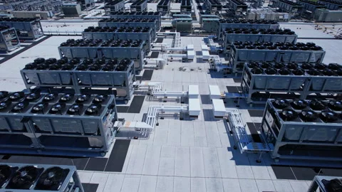 Aerial view of Hyperscale Datacenter, AI data center cooling systems, pipin.. Stock Footage 336512666