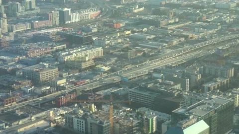 Aerial view of I-80 crossing SoMa District, San Francisco Stock Footage 133452689