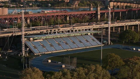 Aerial view of Icahn Stadium at sunset Stockbeeldmateriaal 334904529