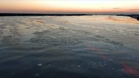 Aerial View of Ice Flows on the Delaware River Stock Footage 170227975