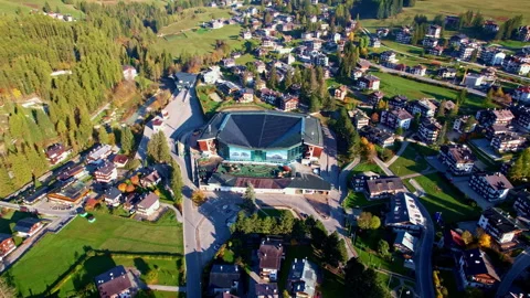 Aerial view of the Ice Stadium in Cortina d'Ampezzo, Veneto, Italy Stock Footage 221687553