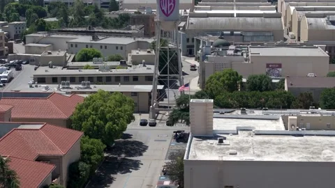 Aerial View Of Icon Red Shield Warner Brothers Studio Water Tower. Stock Footage 247970468