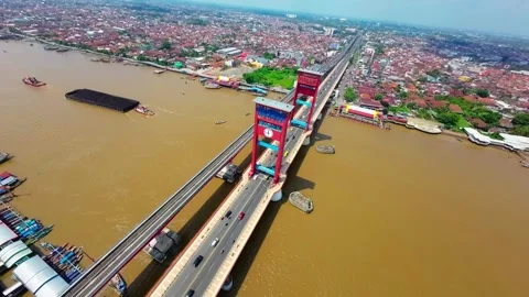 Aerial View Iconic Ampera Bridge Over Musi River Palembang South Sumatra Stock Footage 340485588