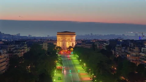 Aerial View of the Iconic Arc de Triomphe Monument at Sunset Time. 4k. France Stock Footage 308455490