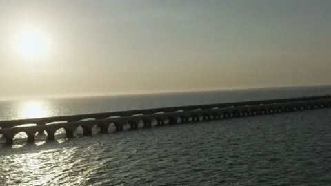Aerial view of iconic bridge over the ocean in Puerto Progreso, Yucatan Video stock 189628166