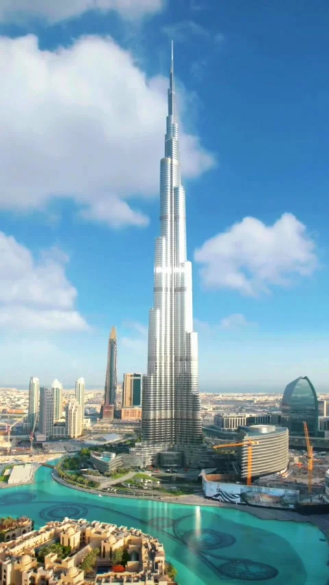 Aerial view of the iconic Burj Khalifa tower in downtown Dubai, UAE. Video stock 342573014