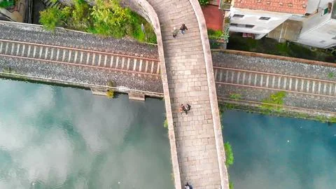Aerial view of the iconic Devils Bridge in Tuscany, Italy, surrounded by sc.. Stock Photos