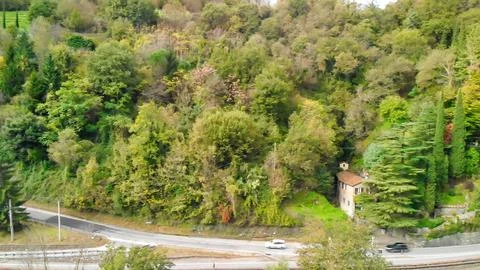 Aerial view of the iconic Devils Bridge in Tuscany, Italy, surrounded by sc.. Stock Photos