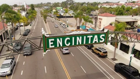 Aerial View Of The Iconic Encinitas (CA) Sign Over Coast Highway 101 Stock Footage 332540244