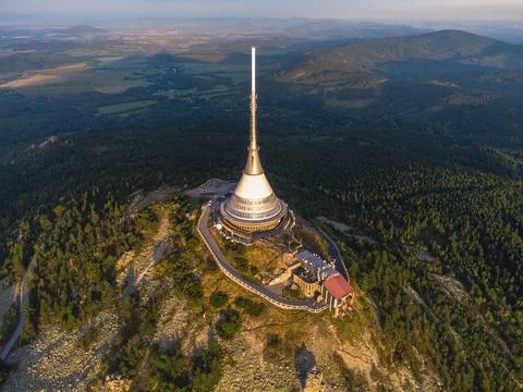 Aerial view of the iconic Jested Tower on the mountain ridge near Liberec, Czech Stock Photos