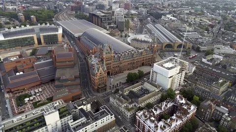 Aerial View of Iconic Landmarks Kings Cross St Pancras Railway Stations London Stock Footage
